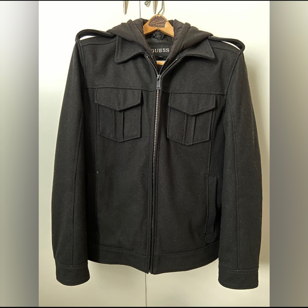 Guess Designer Wool Peacoat w/ Detachable Hood